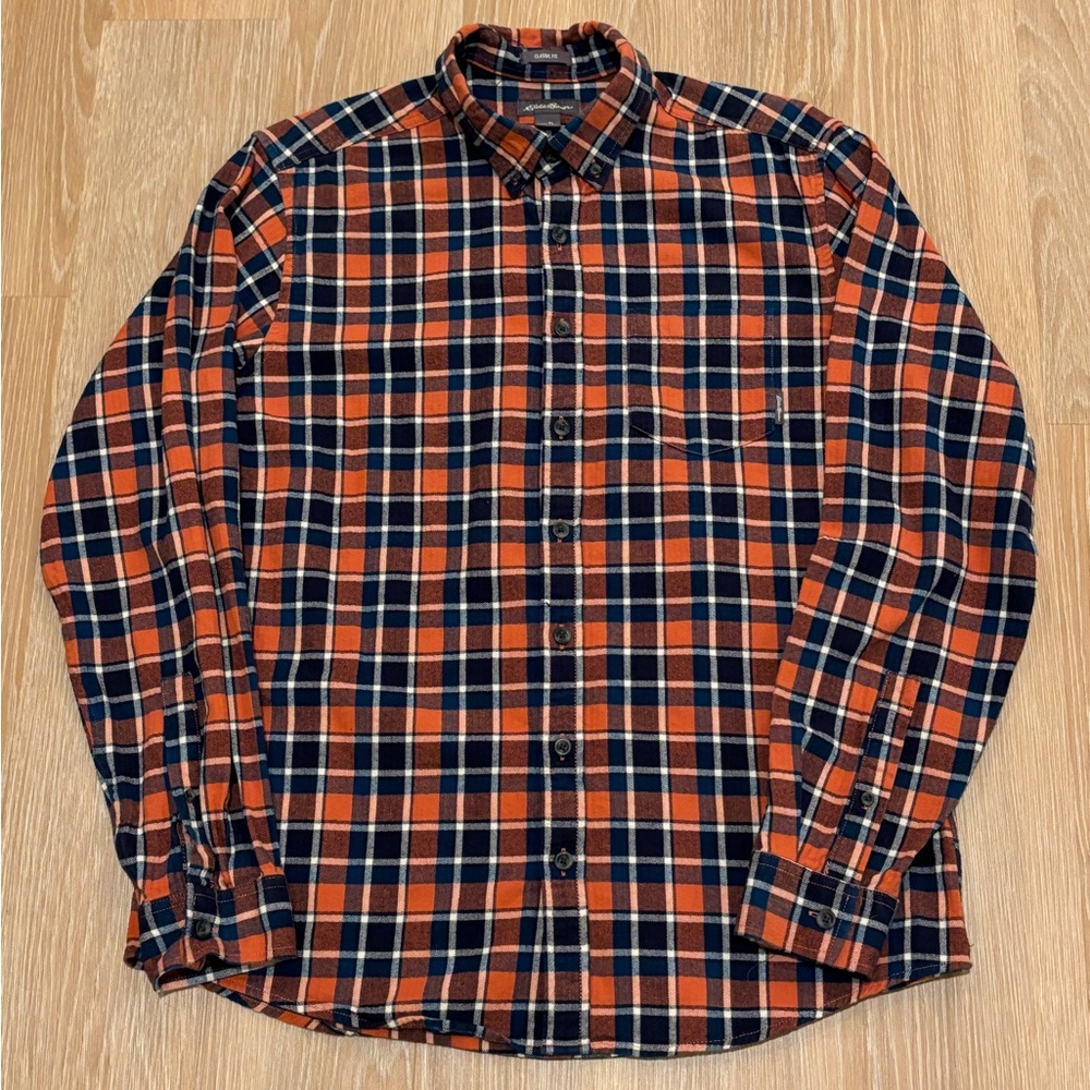 Men’s Eddie Bauer Orange And Blue Plaid Flannel Shirt Size Tall Large